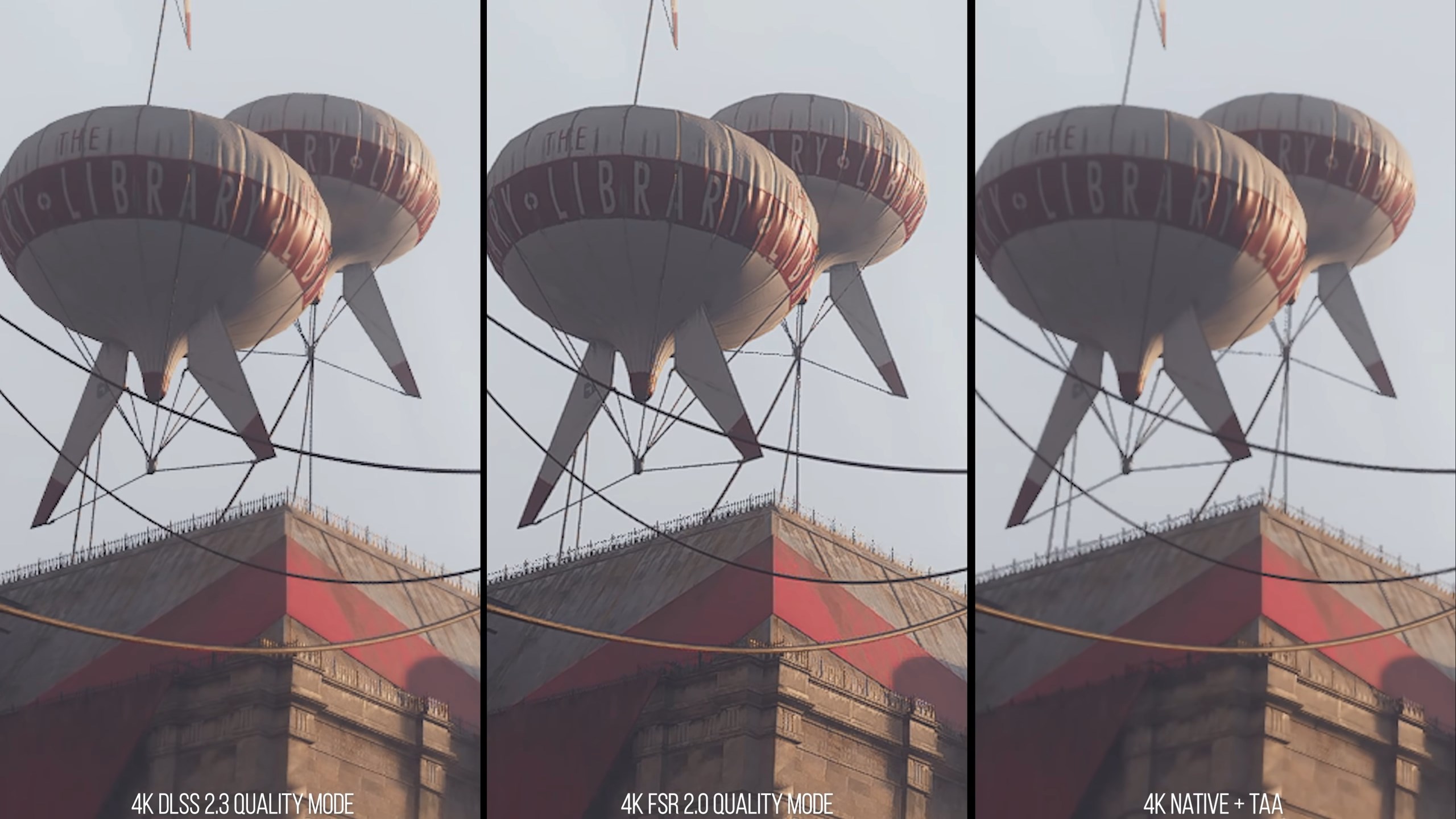 Figura 75: Comparativa entre las diferentes técnicas de reconstrucción a 4K. Presta atención a cómo son reconstruidas las vallas, así como al texto de los globos. Fuente: Digital Foundry (2022b).   Izquierda: Nvidia DLSS 2.3. Centro: AMD FSR 2.0. Derecha: Temporal antialiasing.