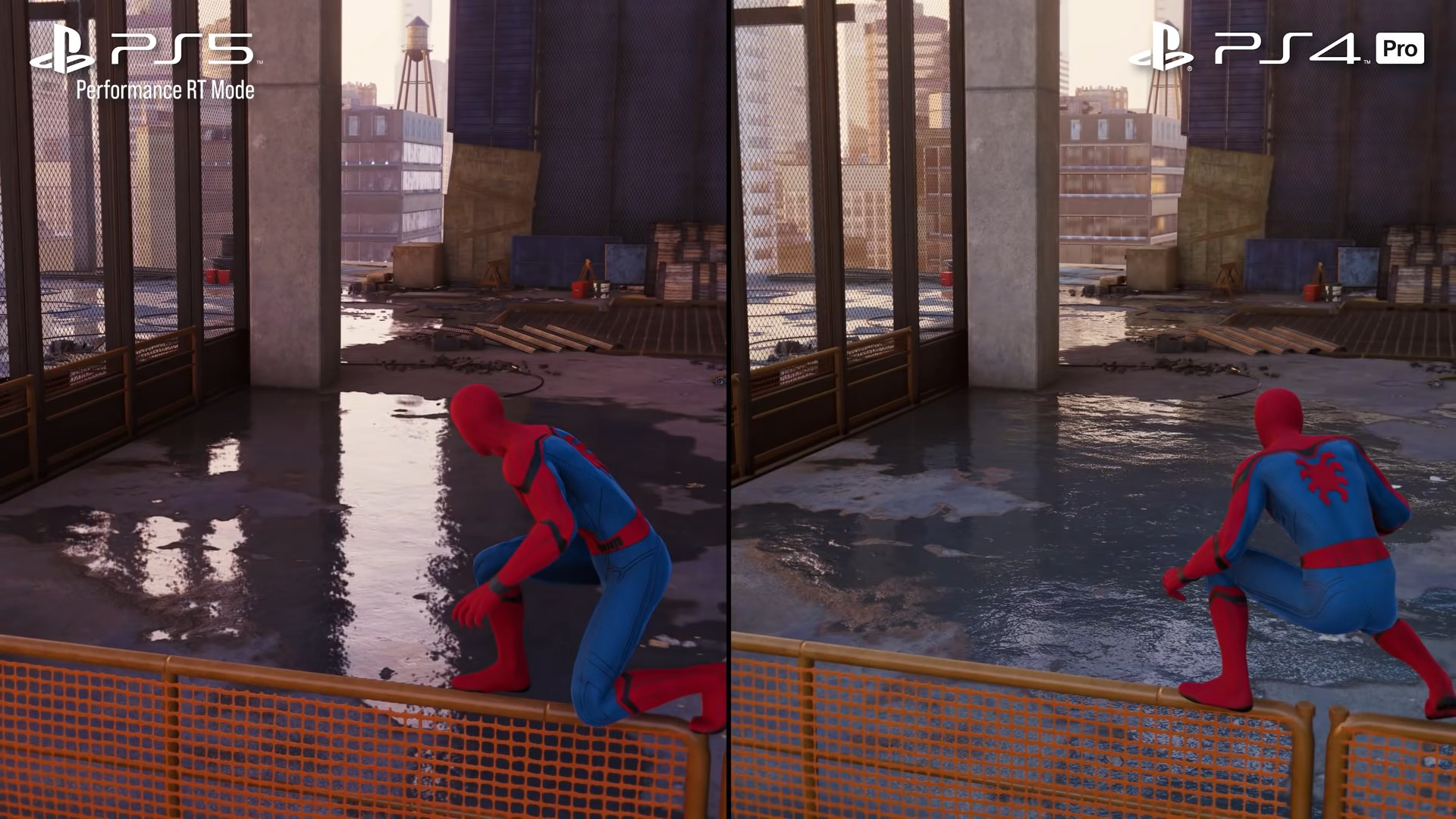 Figura 76: En vez de utilizar screen-space reflections, los cuales sufren de los problemas clásicos de rasterización debido a su naturaleza (como el fallback a los cubemaps cuando el ángulo es demasiado agudo), ray tracing resuelve estos efectos de forma magistral. Fuente: (Digital Foundry 2021a)   Izquierda: Rasterización con ray tracing para reflejos. Derecha: Rasterización.